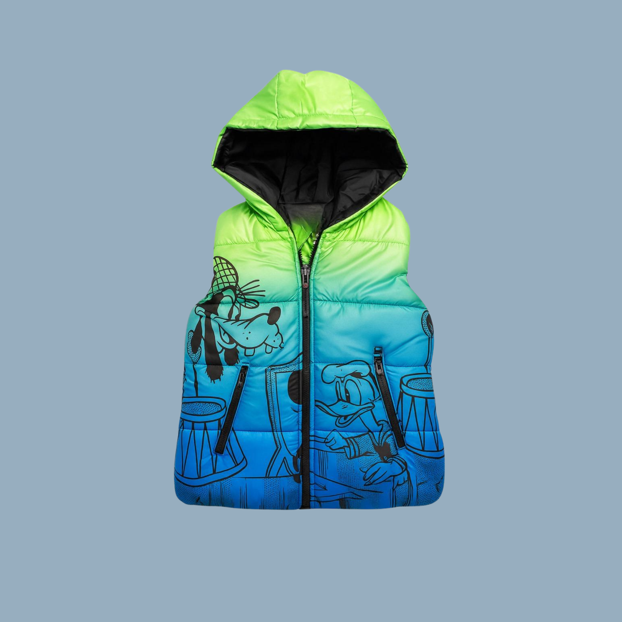 Boys Puffer Vest with Hood - Green to Blue Ombre Cartoon Print Sleeveless Jacket | Mommy Minors